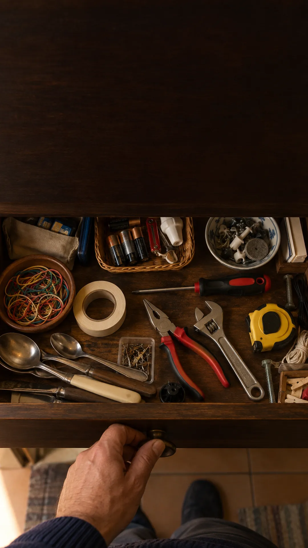 Il cassetto della cucina con cacciavite, pinza, chiave inglese e metro fra pile ed elastici