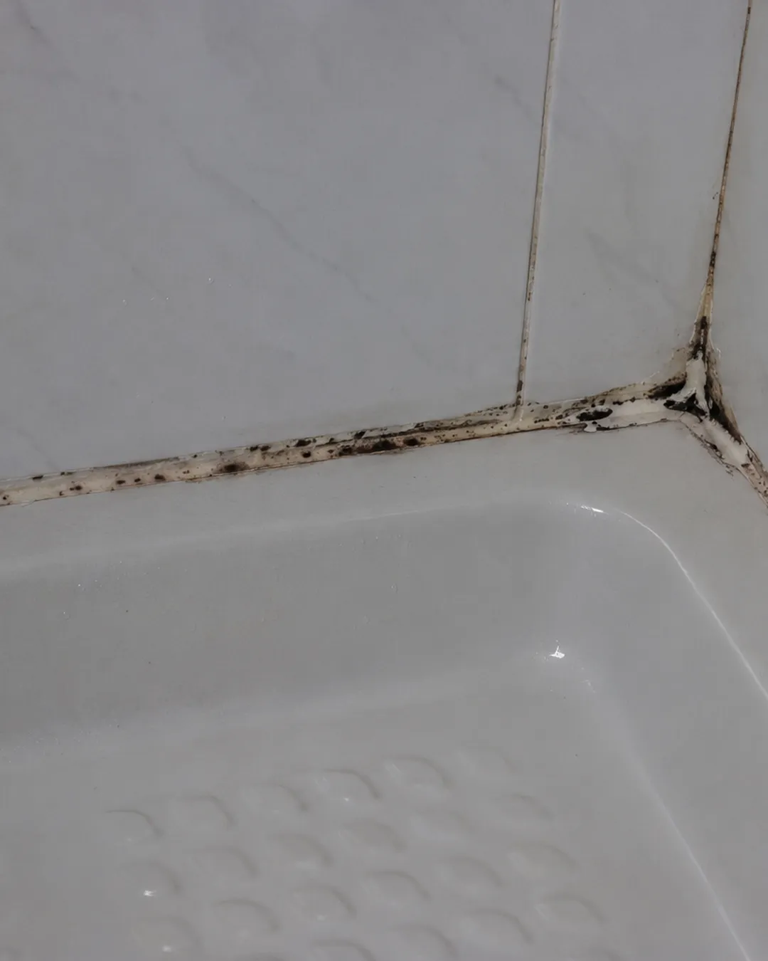 Il silicone della doccia annerito dalla muffa